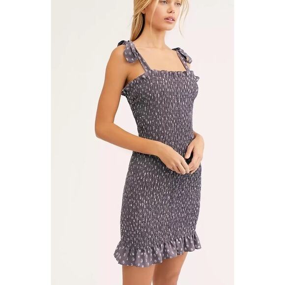 Free People Dresses & Skirts - Free People Bella Smocked Gray Printed Tie Strap Mini Bodycon Slip Dress